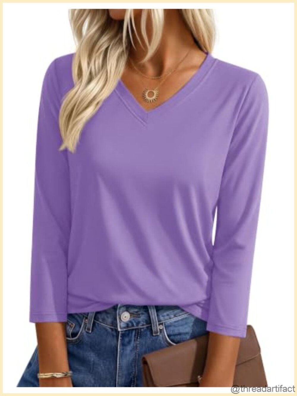 Womens V Neck 3/4 Sleeve Cotton Blend T Shirt Loose Fit Casual Top